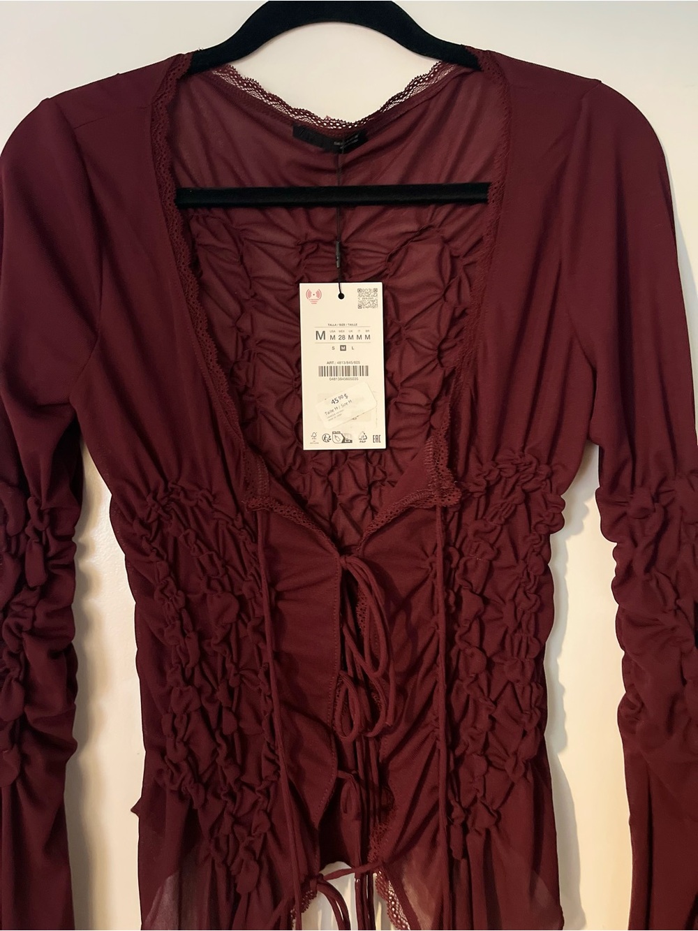 Zara Wine Red Ruched Tie-Front Top
